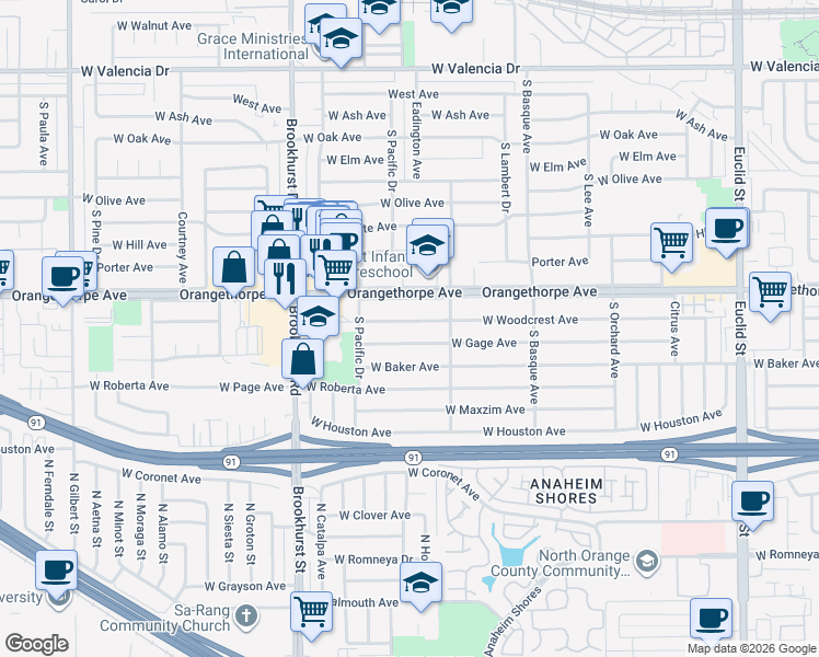 map of restaurants, bars, coffee shops, grocery stores, and more near 1612 West Woodcrest Avenue in Fullerton