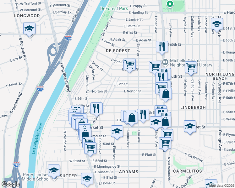map of restaurants, bars, coffee shops, grocery stores, and more near 260 East Norton Street in Long Beach