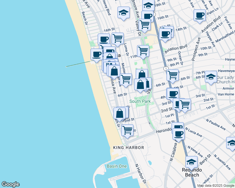 map of restaurants, bars, coffee shops, grocery stores, and more near 601 Manhattan Avenue in Hermosa Beach