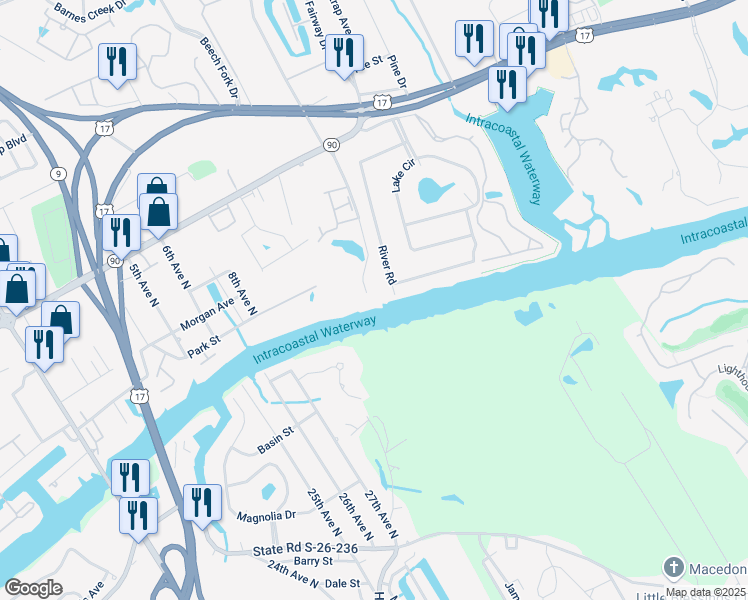 map of restaurants, bars, coffee shops, grocery stores, and more near 204 Kingsport Road in North Myrtle Beach