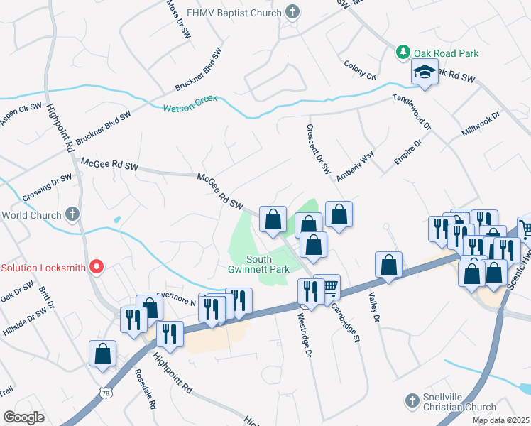 map of restaurants, bars, coffee shops, grocery stores, and more near 1965 Sterling Creek Court in Snellville
