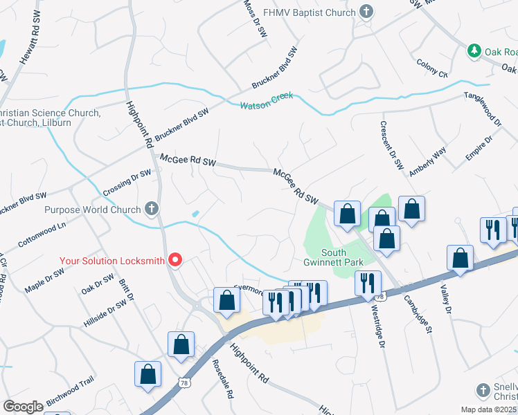 map of restaurants, bars, coffee shops, grocery stores, and more near 1916 Oakwood Grove Drive in Snellville
