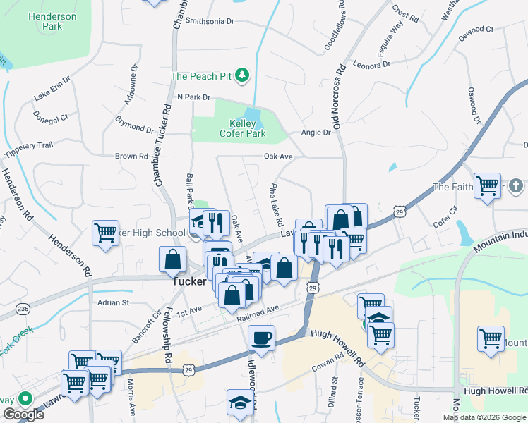 map of restaurants, bars, coffee shops, grocery stores, and more near 2446 Lehaven Drive in Tucker