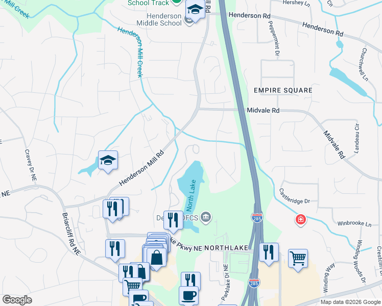 map of restaurants, bars, coffee shops, grocery stores, and more near 2481 Northlake Court Northeast in Atlanta