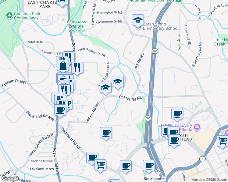 map of restaurants, bars, coffee shops, grocery stores, and more near 360 Old Ivy Road Northeast in Atlanta