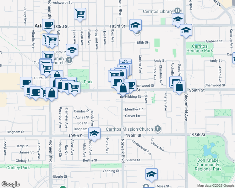 map of restaurants, bars, coffee shops, grocery stores, and more near 19015 Norwalk Boulevard in Artesia