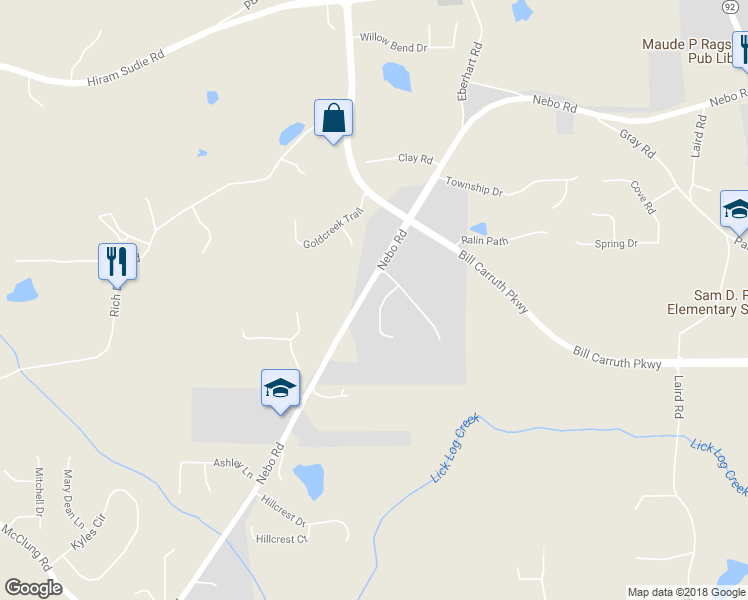 map of restaurants, bars, coffee shops, grocery stores, and more near 62 Gorham Gates Court in Hiram