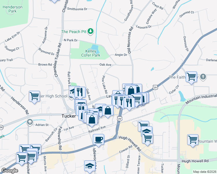 map of restaurants, bars, coffee shops, grocery stores, and more near 2473 Pine Lake Road in Tucker