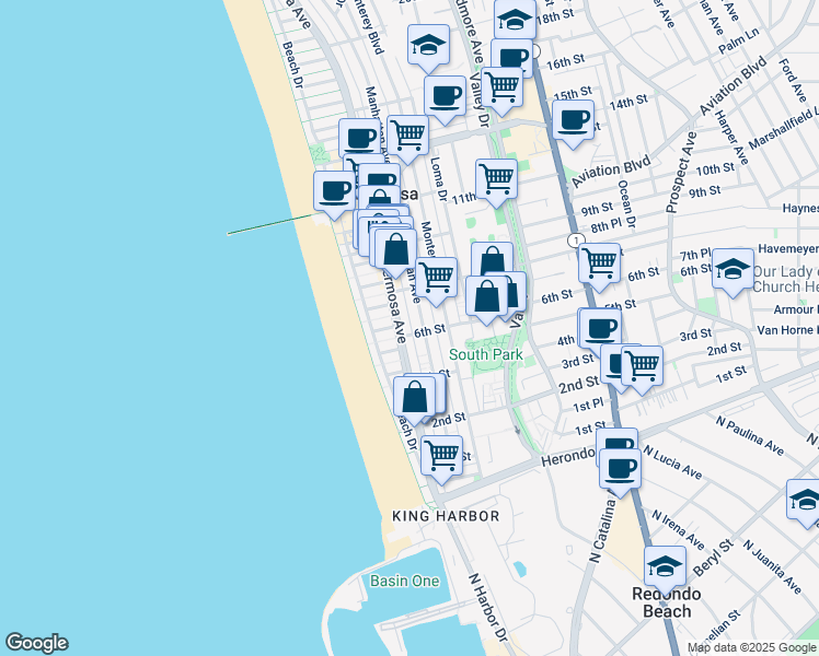 map of restaurants, bars, coffee shops, grocery stores, and more near 601 Manhattan Avenue in Hermosa Beach