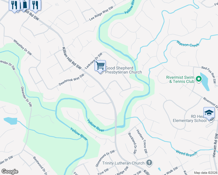 map of restaurants, bars, coffee shops, grocery stores, and more near 3944 Thornhill Drive Southwest in Lilburn