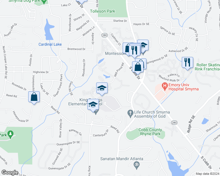 map of restaurants, bars, coffee shops, grocery stores, and more near 706 Bridge Lane in Smyrna