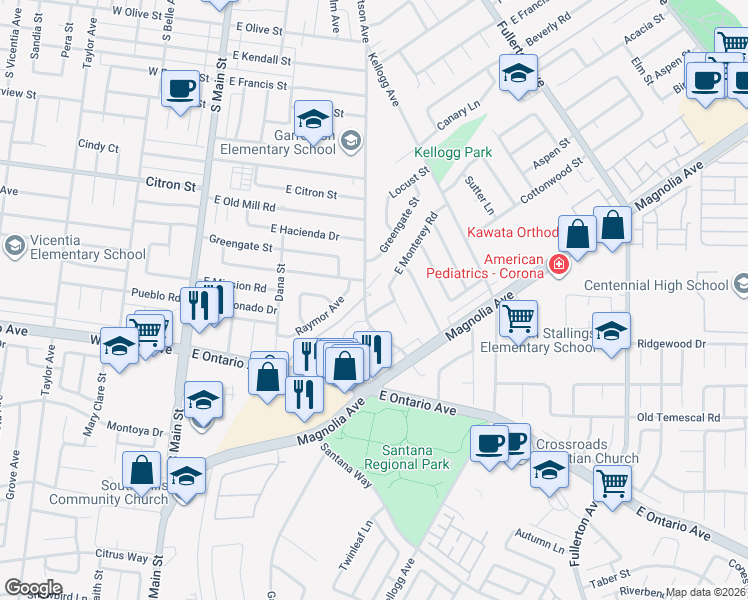 map of restaurants, bars, coffee shops, grocery stores, and more near 2001 Garretson Avenue in Corona