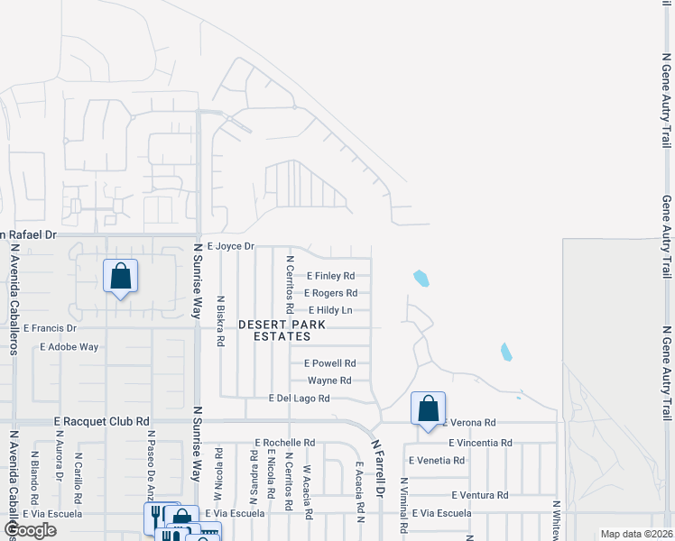 map of restaurants, bars, coffee shops, grocery stores, and more near 2326 East Finley Road in Palm Springs