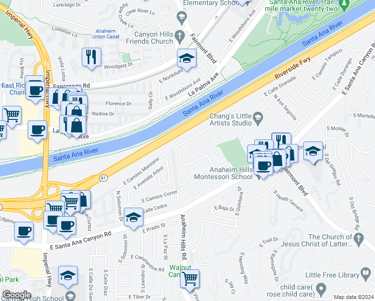 map of restaurants, bars, coffee shops, grocery stores, and more near 265 North Paseo Campo in Anaheim