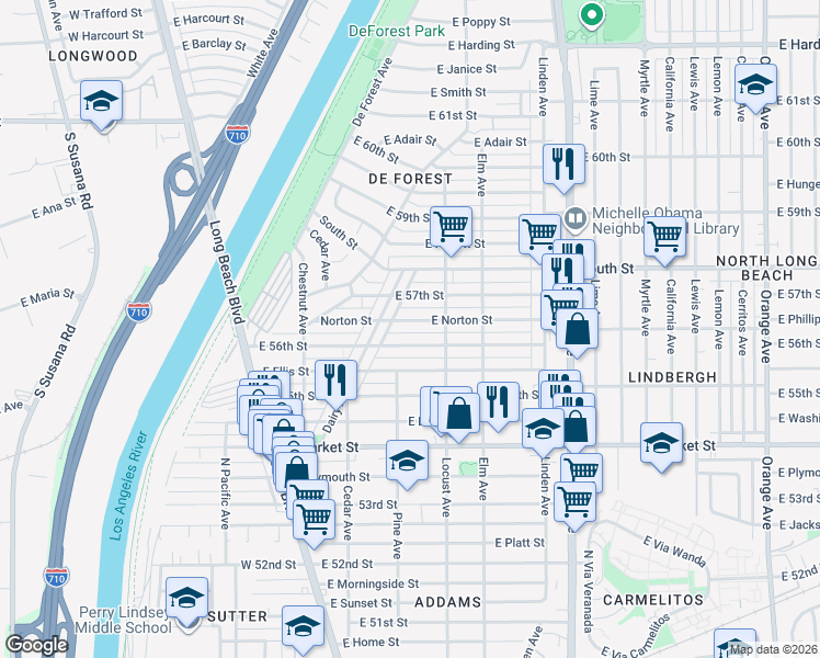 map of restaurants, bars, coffee shops, grocery stores, and more near 260 East Norton Street in Long Beach