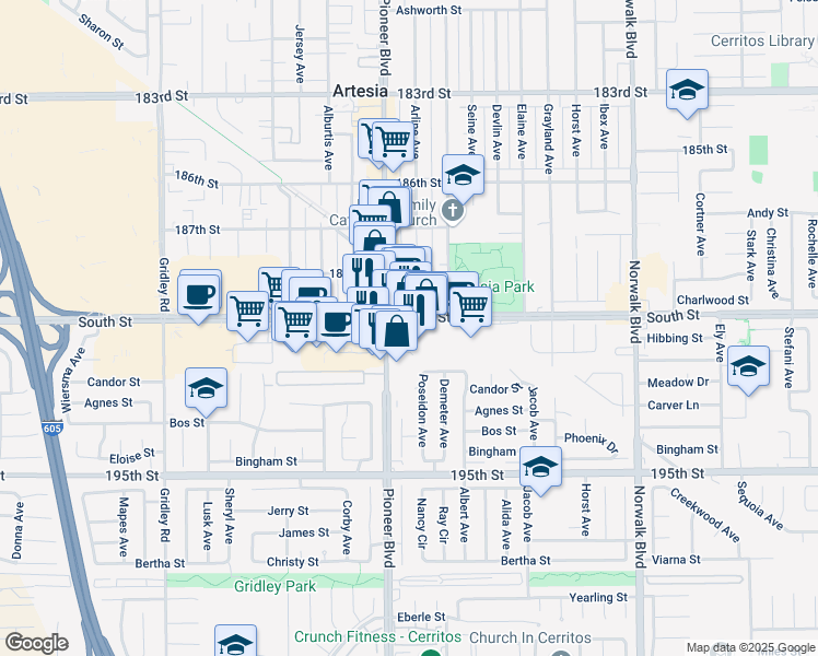 map of restaurants, bars, coffee shops, grocery stores, and more near in Artesia