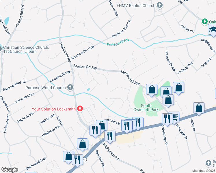 map of restaurants, bars, coffee shops, grocery stores, and more near 2050 Lisa Springs Drive Southwest in Snellville