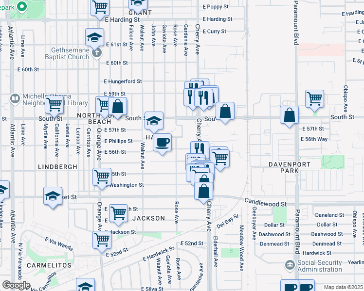 map of restaurants, bars, coffee shops, grocery stores, and more near 1821 East 56th Street in Long Beach