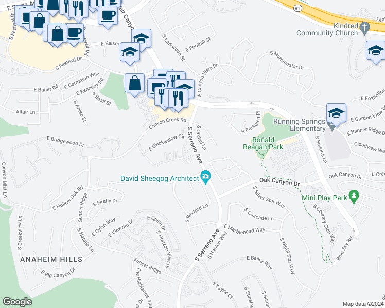 map of restaurants, bars, coffee shops, grocery stores, and more near 8202 East Blackwillow Circle in Anaheim
