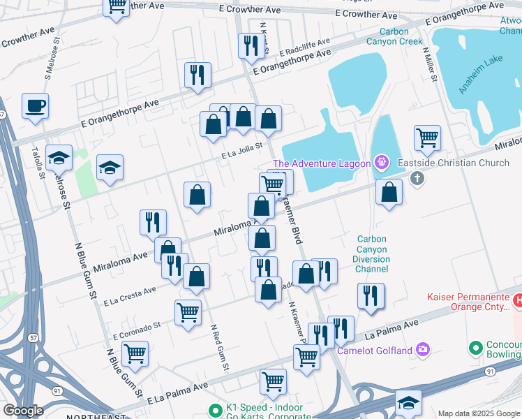 map of restaurants, bars, coffee shops, grocery stores, and more near 3071 East Miraloma Avenue in Anaheim