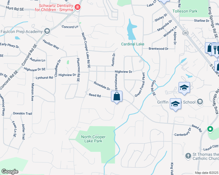 map of restaurants, bars, coffee shops, grocery stores, and more near 701 Rosedale Drive in Smyrna