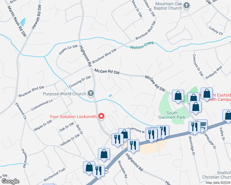 map of restaurants, bars, coffee shops, grocery stores, and more near 3135 Cherrychest Way in Snellville