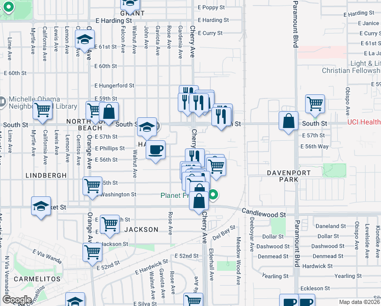 map of restaurants, bars, coffee shops, grocery stores, and more near 1941 East 56th Street in Long Beach