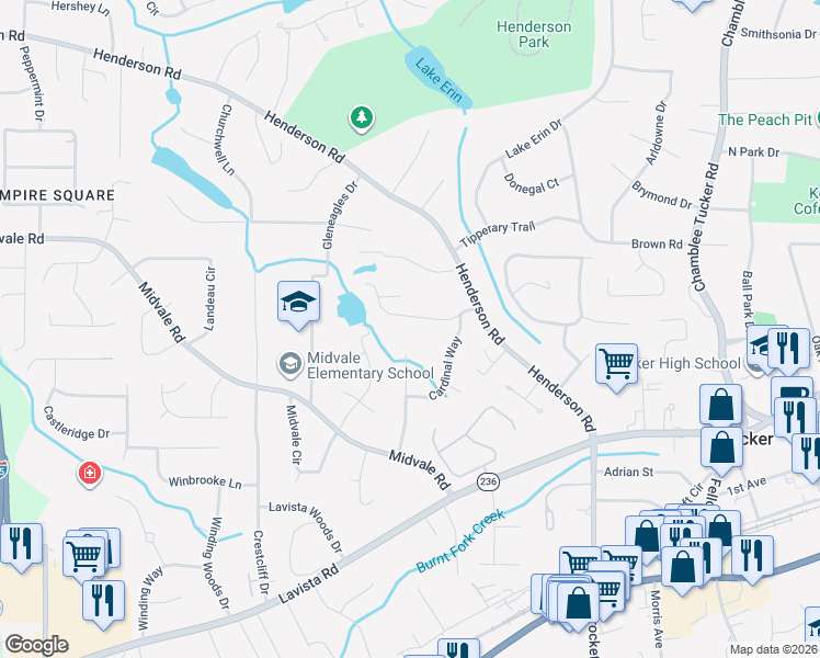 map of restaurants, bars, coffee shops, grocery stores, and more near 3873 Cardinal Dr in Tucker