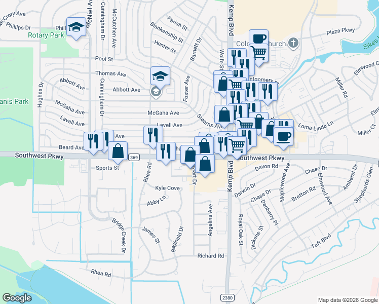 map of restaurants, bars, coffee shops, grocery stores, and more near 2923 Cunningham Dr in Wichita Falls