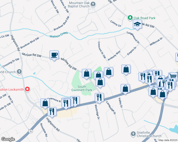 map of restaurants, bars, coffee shops, grocery stores, and more near 1990 Sterling Creek Court in Snellville