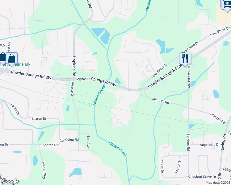 map of restaurants, bars, coffee shops, grocery stores, and more near 3333 Powder Springs Road Southwest in Powder Springs