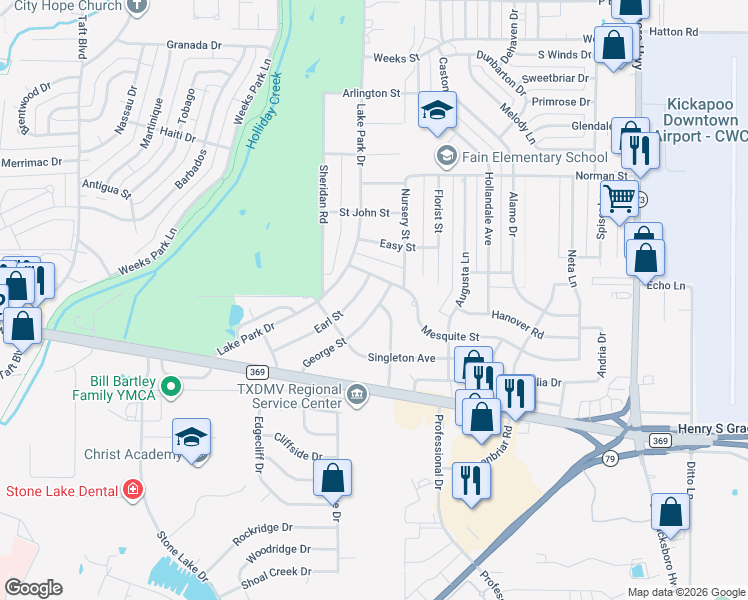 map of restaurants, bars, coffee shops, grocery stores, and more near 4806 George Street in Wichita Falls