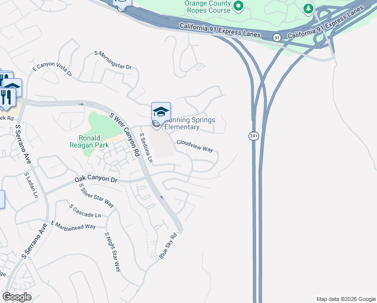 map of restaurants, bars, coffee shops, grocery stores, and more near 8755 Running Springs Drive in Anaheim