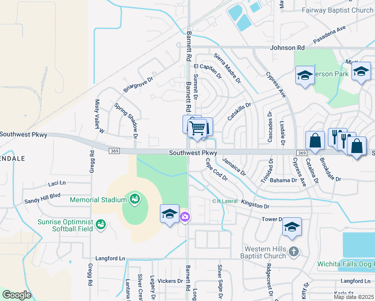 map of restaurants, bars, coffee shops, grocery stores, and more near FM 369 & Barnett Rd in Wichita Falls