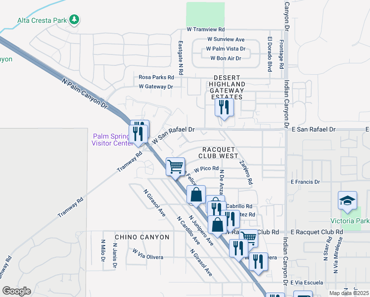 map of restaurants, bars, coffee shops, grocery stores, and more near 544 West Santa Catalina Road in Palm Springs