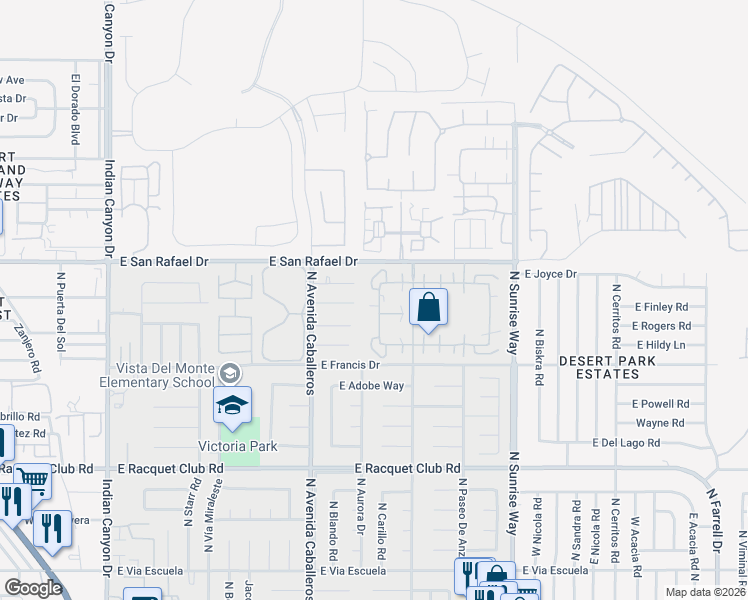 map of restaurants, bars, coffee shops, grocery stores, and more near 3081 Sunflower Circle West in Palm Springs