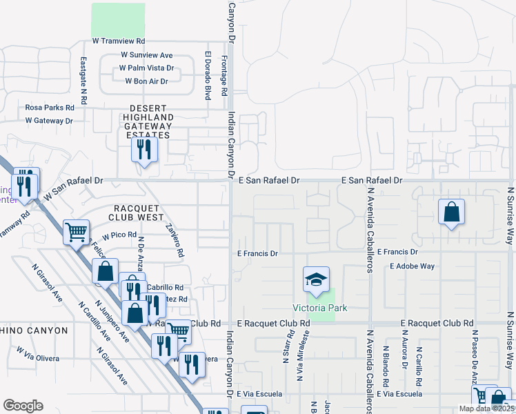 map of restaurants, bars, coffee shops, grocery stores, and more near 332 Simms Road in Palm Springs