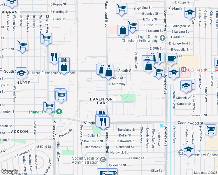 map of restaurants, bars, coffee shops, grocery stores, and more near 5600 Paramount Boulevard in Long Beach