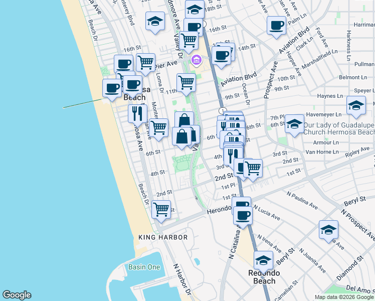 map of restaurants, bars, coffee shops, grocery stores, and more near 520 Cypress Avenue in Hermosa Beach