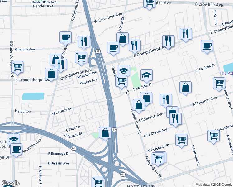 map of restaurants, bars, coffee shops, grocery stores, and more near 325 West La Jolla Street in Placentia