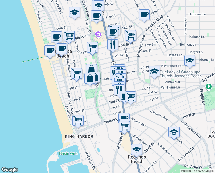 map of restaurants, bars, coffee shops, grocery stores, and more near 654 5th Street in Hermosa Beach