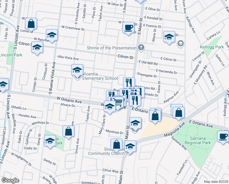 map of restaurants, bars, coffee shops, grocery stores, and more near 272 Pueblo Road in Corona