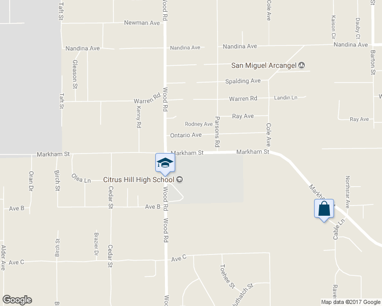 map of restaurants, bars, coffee shops, grocery stores, and more near 19100 Markham Street in Riverside