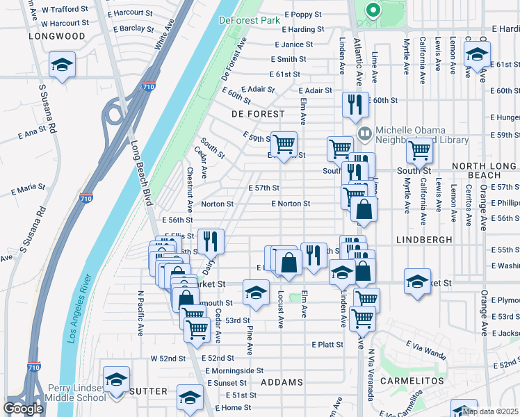 map of restaurants, bars, coffee shops, grocery stores, and more near 260 East Norton Street in Long Beach