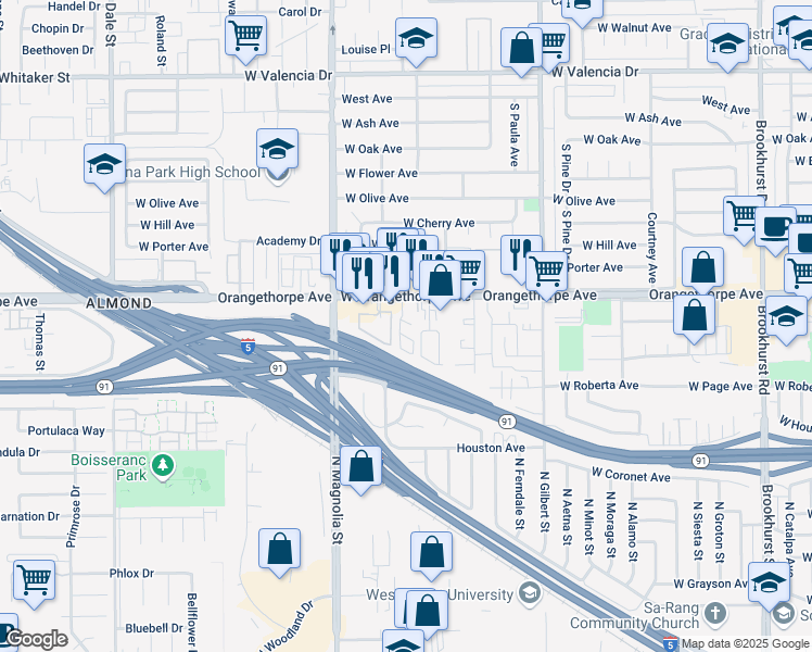 map of restaurants, bars, coffee shops, grocery stores, and more near 2616 West Orangethorpe Avenue in Fullerton
