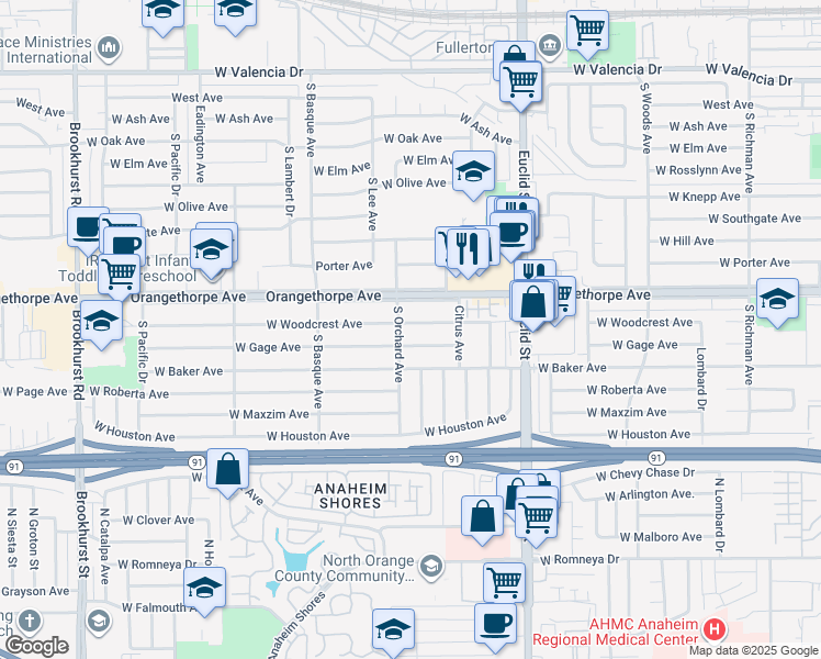 map of restaurants, bars, coffee shops, grocery stores, and more near 1212 West Woodcrest Avenue in Fullerton