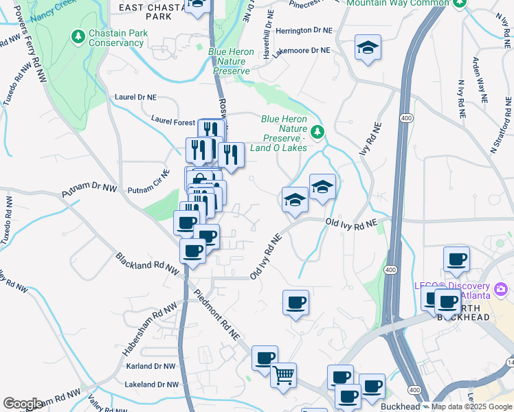 map of restaurants, bars, coffee shops, grocery stores, and more near 46 Ivy Ridge Northeast in Atlanta