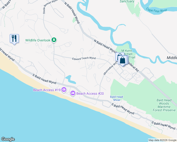 map of restaurants, bars, coffee shops, grocery stores, and more near 12 3 Flipper Trail in Bald Head Island