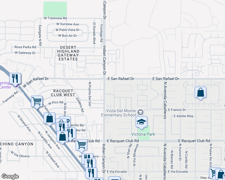 map of restaurants, bars, coffee shops, grocery stores, and more near 3125 North Sunnyview Drive in Palm Springs