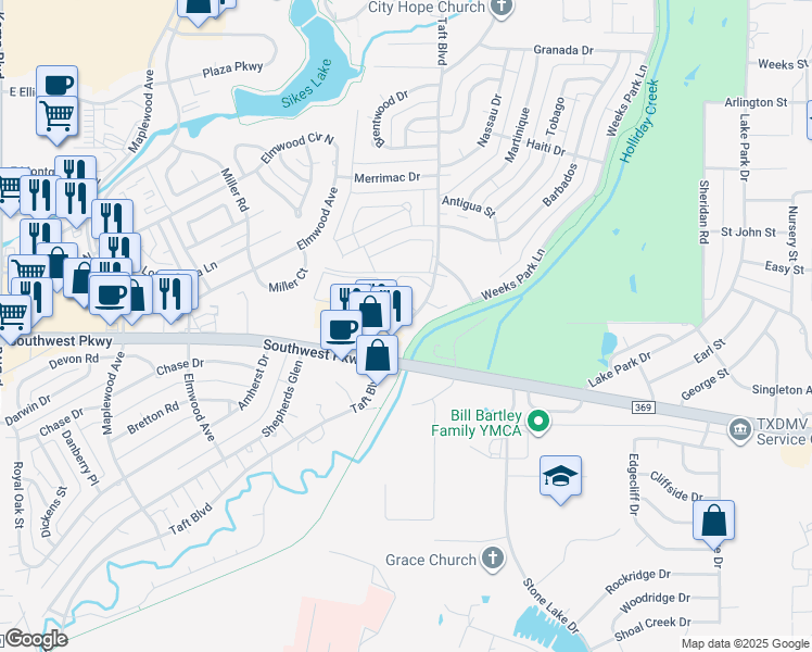 map of restaurants, bars, coffee shops, grocery stores, and more near 4719 Taft Boulevard in Wichita Falls